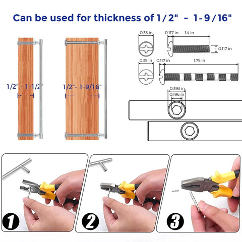 Diagram showing 20 Pack Solid Chrome Cabinet Drawer Pulls installation dimensions and steps, fits thickness of 1/2 to 1-9/16 inches.