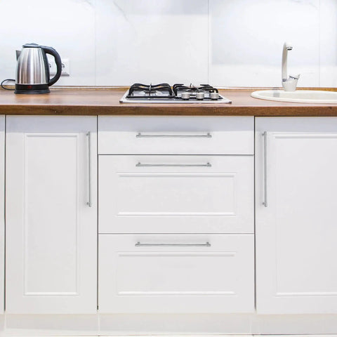 White kitchen cabinets with 20 Pack Solid Chrome Cabinet Drawer Pulls For Kitchen Cupboards, 13-1/2 Inch Total Length handles visible.