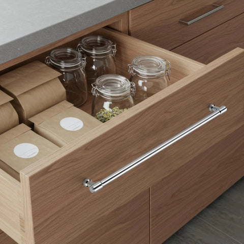 Installed 20 Pack Solid Chrome Cabinet Drawer Pulls For Kitchen Cupboards With 13-1/2 Inch Total Length on wooden drawer