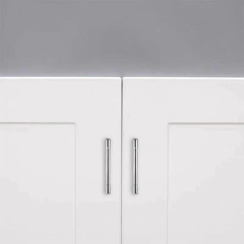Solid Heavy Duty Jasper Cabinet Pulls Set 10 Pack Polished Chrome 5 Inch Center to Center Kitchen Cupboard Drawer Handles installed on white cabinets