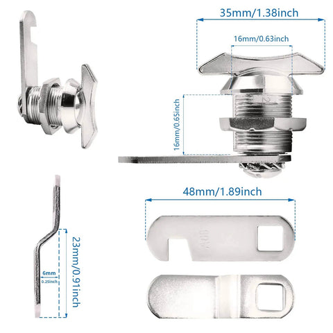 Two Pack 5/8 Inch Thumb Operated Offset Cam Locks Chrome Non Locking Cabinet Latch Keyless Twist Replacement Lock for Mailbox Drawer RV Compartment Door, showing dimensions and side view of components.