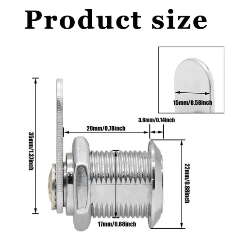 Side view of six durable zinc alloy cam lock with 3/4 inch threads detailing size dimensions for cabinets and drawers security.