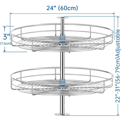 Chrome 24 Inch Corner Cabinet Lazy Susan Full Circle Rotating Rack Replacement Shelves with adjustable telescoping post dimensions
