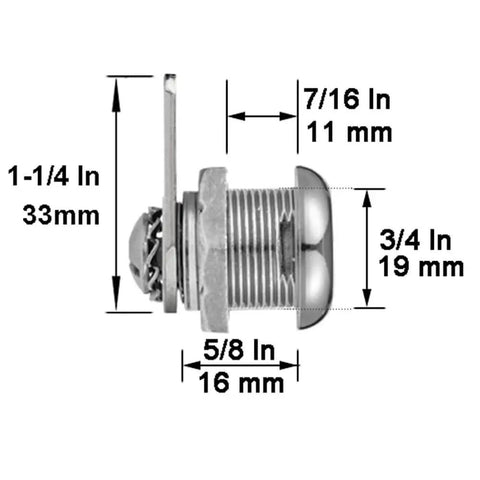 Side view of Keyed Alike Five Eighth Inch Cylinder Cam Locks Set for Cabinets Tool Boxes RV Compartments Mailboxes in chrome finish.