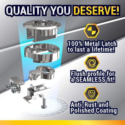 Durable chrome hatch latches, a 2 pack flush mount slam latch set for RVs and boats, highlighting metal components and features