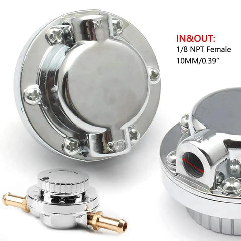 Adjustable 1 to 5 PSI fuel pressure regulator with chrome finish, manual dial control, universal fit for carburetors and small engines.