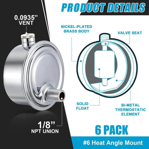 Six Pack Steam Radiator Air Valve One Eighth Inch Steam Air Vent Angle Mount Heat Regulator Valve Copper Chrome Plated product details