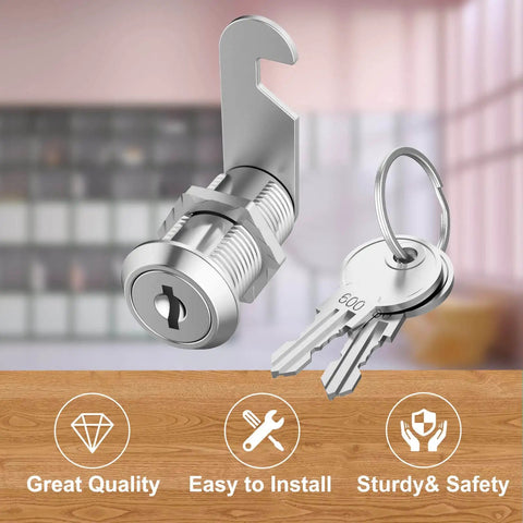 Three Pack Keyed Alike Cam Lock Set with 1-1/8 inch cylinders, chrome plated zinc alloy, shown with keys on a wooden surface.