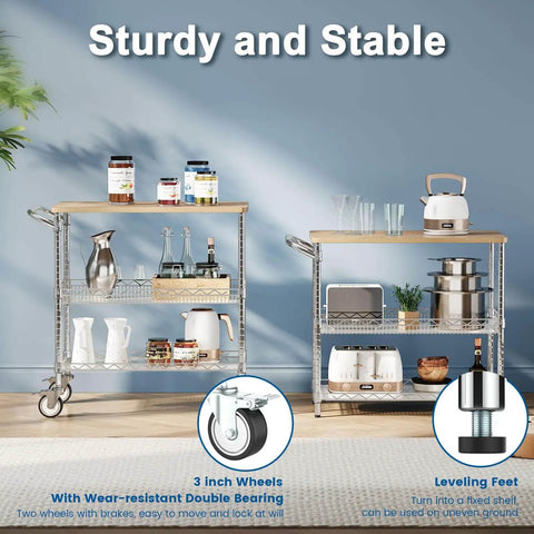 Heavy Duty Rolling Kitchen Cart With Wheels, 34 Inch L By 17.5 Inch W, 3 Tier Utility Cart With Wood Top, Workhorse NSF Certified Commercial Chrome Serving Cart With Handle And Shelf Liner, Ideal For Kitchen Prep, Catering, And Mobile Storage