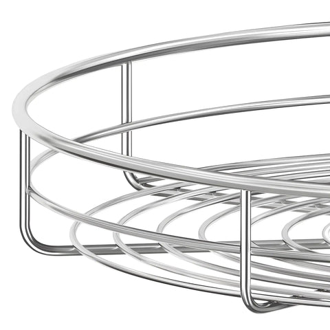 Close-up of chrome corner lazy susan for upper cabinets, full circle rotating rack for cabinets over 23 inches.