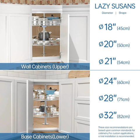 Chrome Corner Lazy Susan for Upper Cabinets displayed in diagram with dimensions for various cabinet sizes.