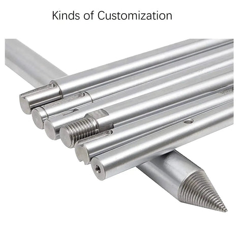 Various types of metal rods showcasing customization options with different end designs and threading, aligned in a fan layout.