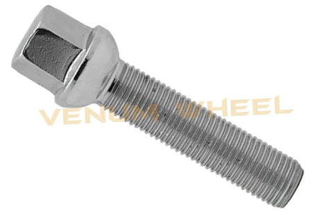 Close-up of a single 10 Pc 12x1.5 Ball Chrome Lug Bolt, featuring a 55mm shank and 17mm hex, designed to fit Mercedes Benz wheels.