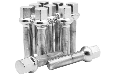 10 Pc 12x1.5 Ball Chrome Lug Bolts 55mm Shank Extended Length 17mm Hex, front view, arranged in a group, fits Mercedes Benz