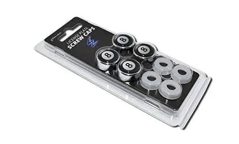 Magic 8 Ball Chrome Plated License Plate Screw Cap Covers Set Of 4 in packaging, shiny chrome finish, UV-resistant, screws protectors
