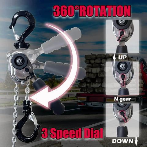 Half Ton Chrome Mini Lever Block Come Along Hoist 1100 Lbs 10 Ft Chain G80 Steel Chain With Swivel Hook, 360° Rotation and Speed Dial