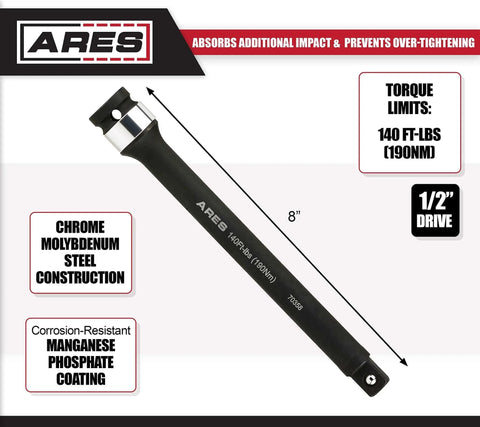 Foot/Pound Torque Limiting Extension Bar - Chrome Moly 1/2-Inch Drive 8-Inch Long Impact Grade Bar displayed with features.