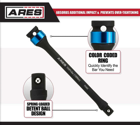 Foot/Pound Torque Limiting Extension Bar - Chrome Moly 1/2-Inch Drive 8-Inch Long Impact Grade Bar with Flex Action and Color Coded Blue Ring
