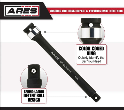 Foot/Pound Torque Limiting Extension Bar - Chrome Moly 1/2-Inch Drive 8-Inch Long Impact Grade Bar - Flex Action Prevents Over-Tightening - Color Coded for Easy Identification features, including color-coded ring and detent ball design.