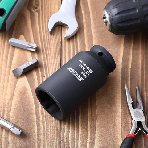 30Mm 12 Point Axle Nut Socket For One Half Inch Drive CrMo Steel Deep Well Hub Release Tool Spindle Nut Socket For Removing Axle Shaft Nuts Universal Fit For Front And Rear Wheel Drive Vehicles Compatible With Impact Wrench on a wooden surface with tools surrounding it