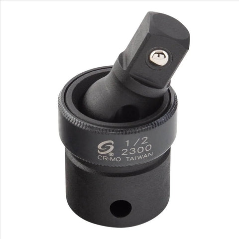 Black 1/2 inch drive universal joint swivel socket adapter for automotive tools, labelled CR-MO and marked Taiwan