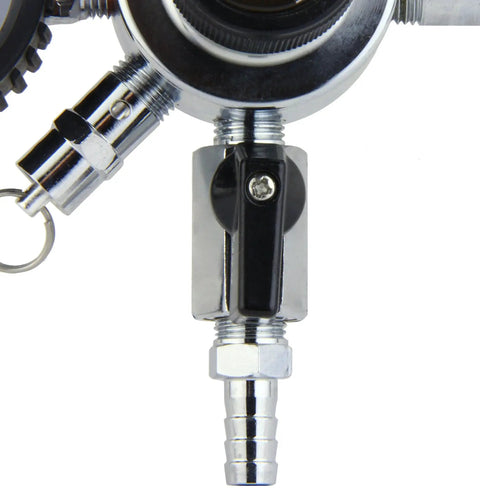Close-up of Nitrogen Regulator For Draft Beer With Chrome Finish Multi Stage Control For Precise Output Durable Commercial Grade Build Hose Barb Fits 5 16 Inch ID Tubing Kegco Compatible