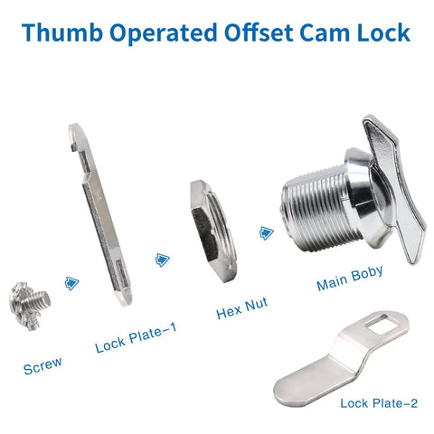Exploded view of Two Pack 5/8 Inch Thumb Operated Offset Cam Locks Chrome Non Locking Cabinet Latch components