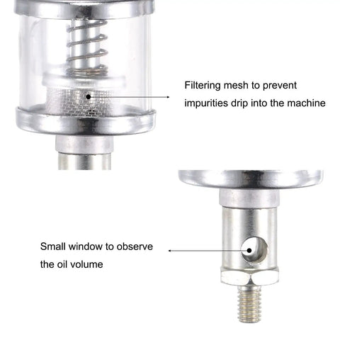 Close-up of Oil Cup For Gravity Drip Feed Lubrication With M6x1 Thread, 16mL Capacity, highlighting filtering mesh and clear sight window.