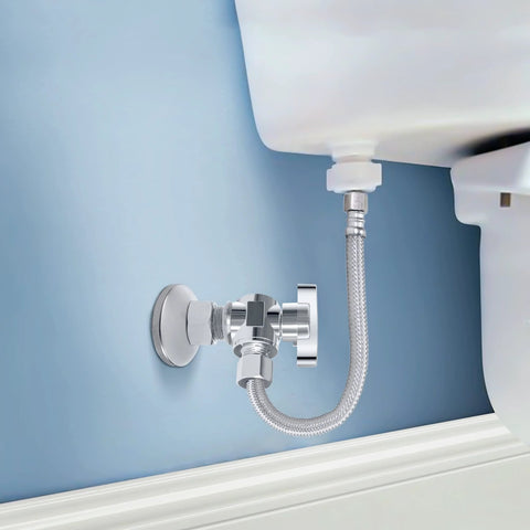 Chrome-plated brass angle stop valve with 1/2 in NOM to 3/8 in compression, installed behind a toilet