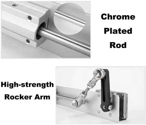 DC24V linear actuator with chrome-plated rod and aluminum housing; two-component rocker arm assembly.
