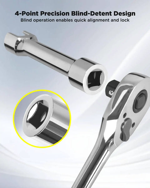 Durable 1/2 in drive impact socket with a 5 in extension for deep strut channels shown with ratchet handle.