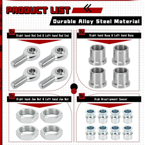 Image showing components of a 1.25 inch Heim Joint Rod End Kit, featuring chromoly rod ends, tube adapters, spacers, and jam nuts.