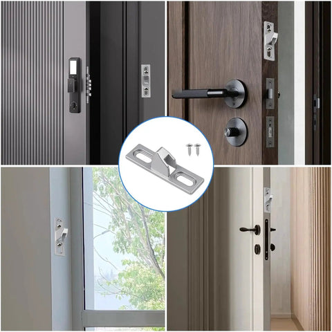 Chrome Plated Sliding Glass Door Keeper Set With Mounting Screws Adjustable Vertical Screw Slots And Latch Hardware for patio doors.
