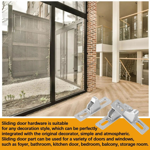 4 Piece Sliding Door Keeper Locks Set With Mounting Screws For Glass Patio Doors And Gates, chrome latches displayed.