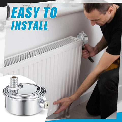 Man installing Six Pack Steam Radiator Air Valve One Eighth Inch Steam Air Vent Angle Mount Heat Regulator Valve Copper Chrome Plated