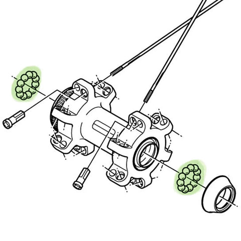Diagram showing 10 Pack 1/2 Inch Precision Chrome Steel Ball Bearings G25 AISI 52100 for industrial use in a bicycle hub setup.