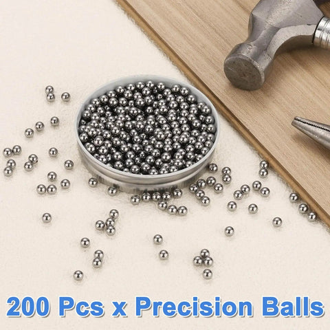 Boss Grade Chrome Steel Balls 5mm G25 Precision 200 Count For Ball Bearings Machinery Automotive And DIY Mirror Finish And Superior Wear Resistance By Uxcell displayed in a container with tools.