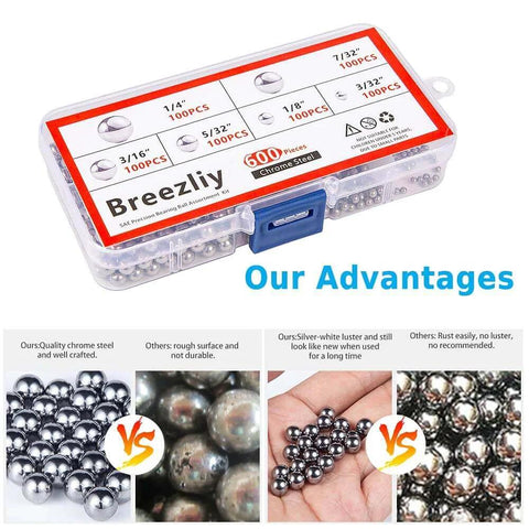 Breezliy 600-pack chrome steel balls with comparison of quality, highlighting rust resistance and smooth finish, product packaging shown.
