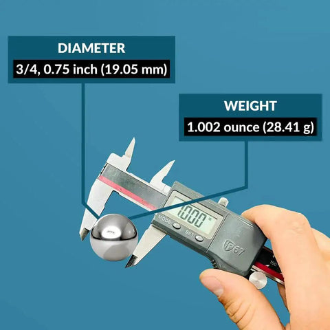 Hand holding digital caliper measuring 25-Piece Precision Chrome Steel Bearing Balls G25 PGN In Three-Quarters Inch Diameter, 1.002 oz