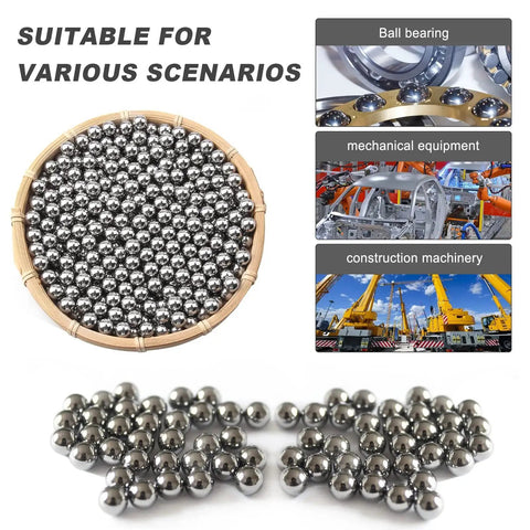 Basket with 100 pieces chrome steel bearing balls approximately 13mm diameter half inch precision grade hardened chromium steel for bearings and ball bearings spares kit pro grade for precision machinery and DIY projects with smooth finish, images showing ball bearing, mechanical equipment, and construction machinery
