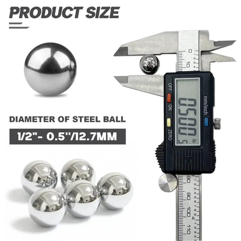 200 Pieces Half Inch Chrome Steel Bearing Balls Kit with caliper showing 12.7mm diameter for precision machinery and robotics use