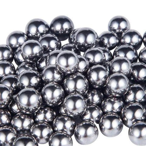 Close-up of 100PCS 1/2" Inch Diameter Hardened Chrome Solid Steel Bearing Balls (12.7mm) showing smooth, reflective surfaces.