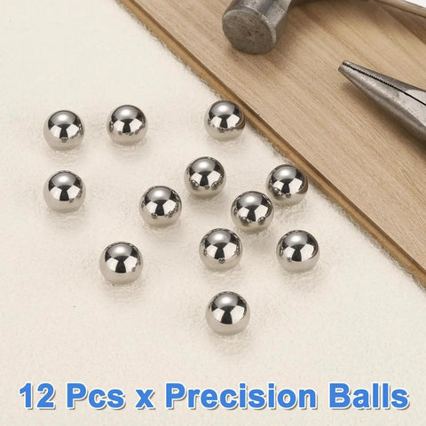 12 Pack Five Eighth Inch Chrome Steel Bearing Balls G25 Precision Grade Mirror Finish shown with tools