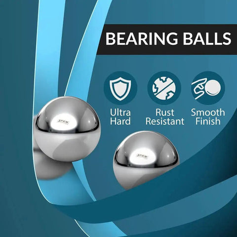 Two chrome steel bearing balls, ultra hard, rust resistant, and smooth finish, text mentions "10 Piece 1 Inch Precision Chrome Steel Bearing Balls G25 For Machinery And Bearings ISO 9001 Certified Built To Last Heavy Duty High Quality Set To Cut Maintenance Costs And Friction Perfect For Rebuilds Hobbies And Industrial Projects."