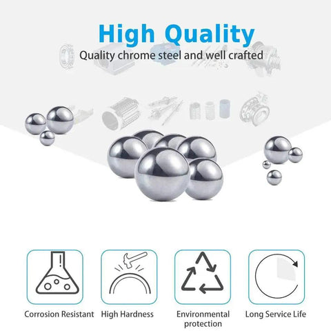 1 Inch Precision Chrome Steel Bearing Balls 6 Piece Set G25 Pro Grade High Hardness Corrosion Resistant displayed with icons