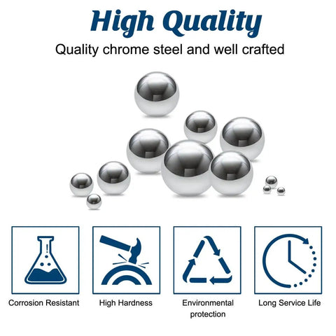 100 Piece G25 Precision Chrome Steel Bearing Balls Hardened And Mirror Polished One Quarter Inch 6 35 Millimeter For Bearings Industrial And DIY Projects Ideal For Precision Machinery Robotic Assemblies Model Making displayed with features like corrosion resistance, high hardness, environmental protection, and long service life.