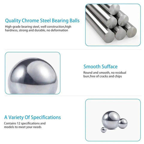 1 Inch Precision Chrome Steel Bearing Balls 6 Piece Set G25 Pro Grade High Hardness Corrosion Resistant shown with smooth surface and specifications.
