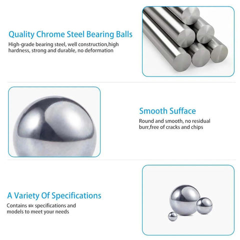 Quality chrome steel bearing balls with smooth surface and various specifications, shown in close-up.