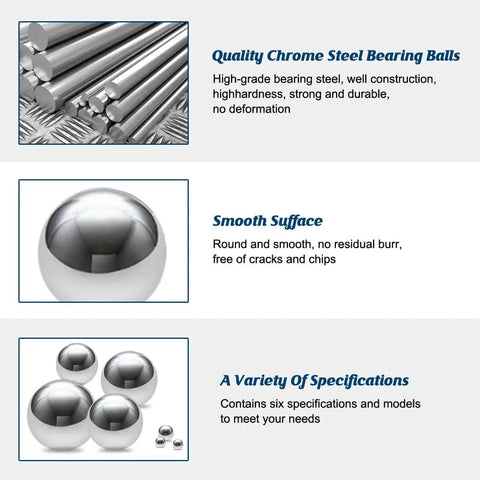 Quality chrome 610 Piece Ball Bearings Set Loose Steel Bearings In Six Sizes for smooth rotation and various projects.