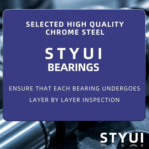 STYUI bearings quality inspection message with chrome steel background, emphasizing durability and precision.